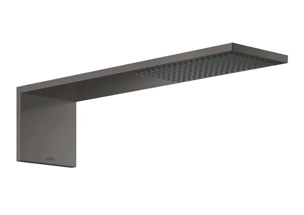 Schwarze Kopfbrause von AXOR mit flachem, rechteckigem Design und gleichmäßiger Wasserverteilung. Ideal für moderne Duschsysteme.